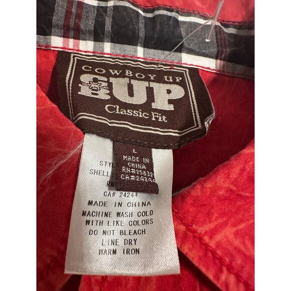 VTG Cowboy Up Embroidered Cotton Woven Snap buttons Mens L shirt flipp cuffs - Picture 2 of 16